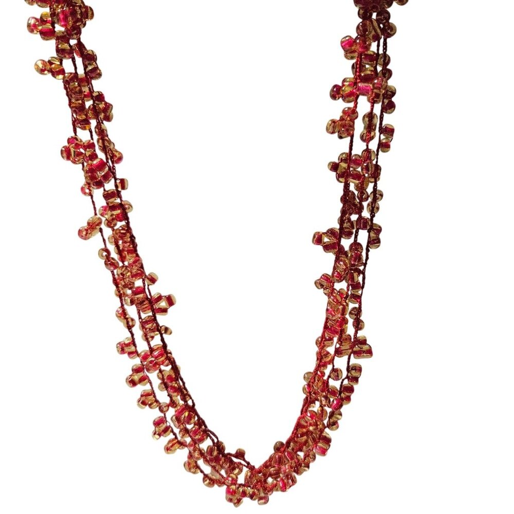 Handcrafted Retro Red Gold Glass Bead Multi Strand Necklace 60s 70s Fashion